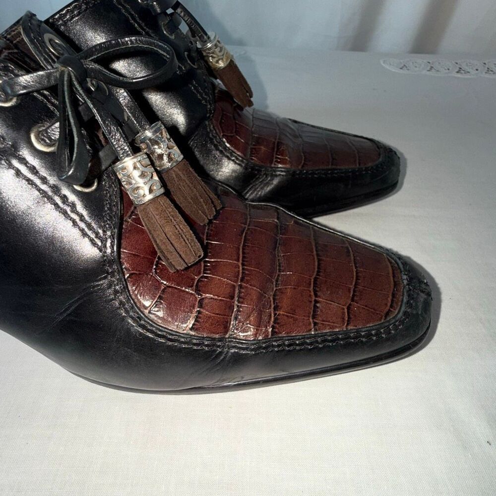 Vintage Brighton Tassle Mules 8.5M Croc‎ Embossed Black Brown Leather Heels Boho